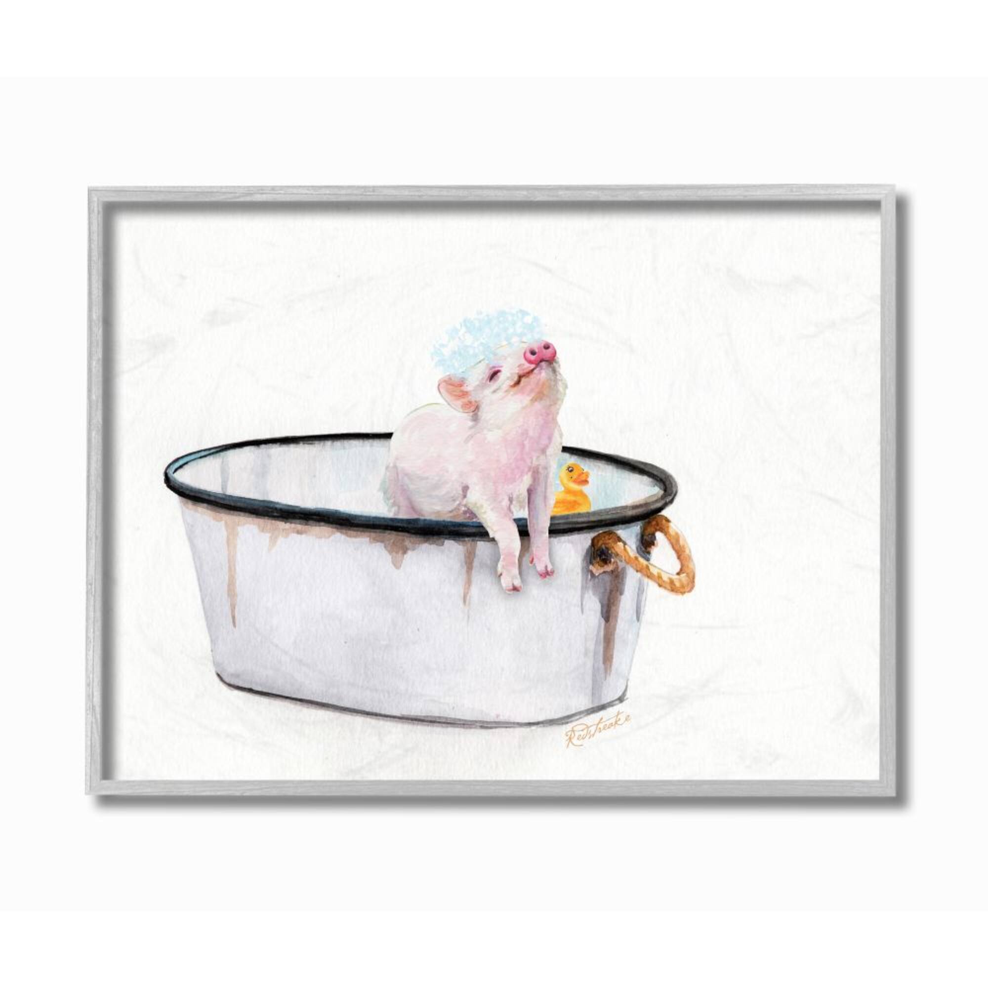 Stupell Industries Piggy Bath with Rubber Ducky Adorable Farm Animal in Gray Frame Wall Art